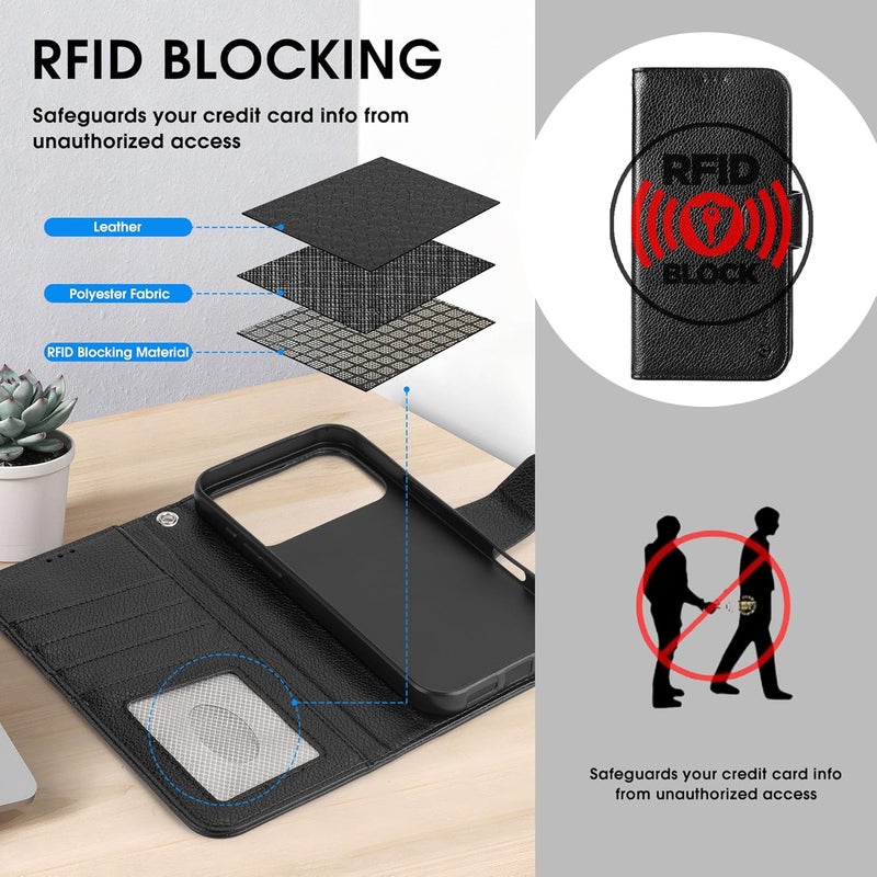 Arae Compatible with iPhone 17 Pro Max Case Wallet with Card Holder, Wristlet Strap Wallet Flip Cover for iPhone 17 Pro Max 6.9 inch Men/Women, RFID Blocking, Kickstand, Litchi Black - Image 4